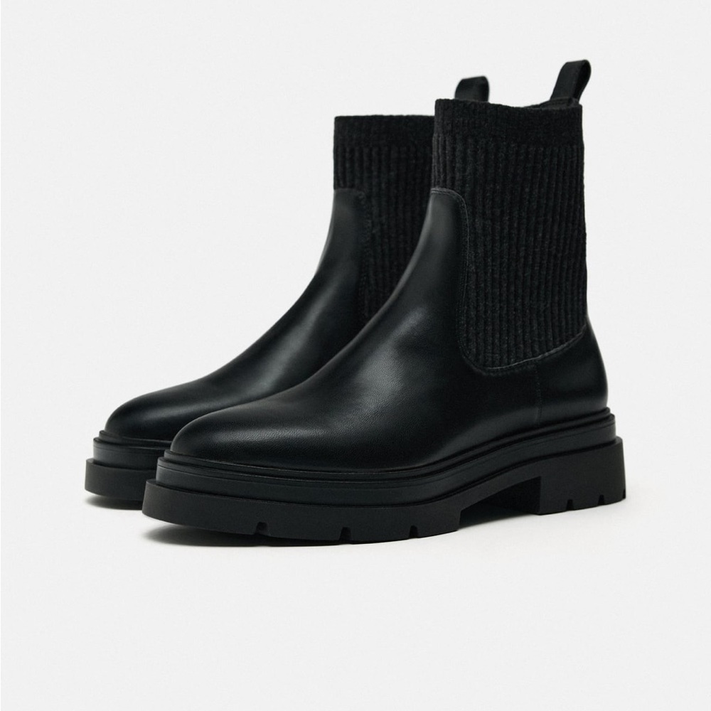 Zara lug sole sock style black ankle boots booties 6.5 women 6 1/2 new NIB